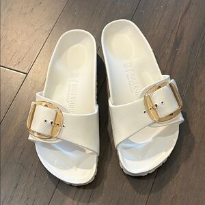 Birkenstock White Sandals with Gold Buckle